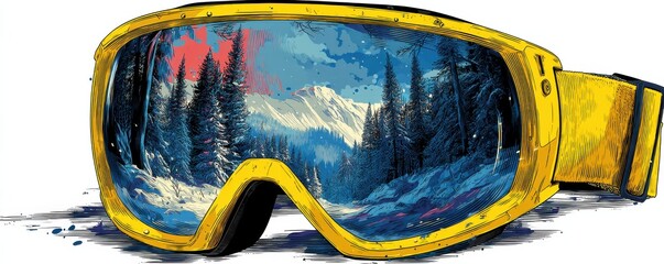 Bright yellow ski goggles with reflective lenses showing a snowy forest and mountain landscape for outdoor adventure photos