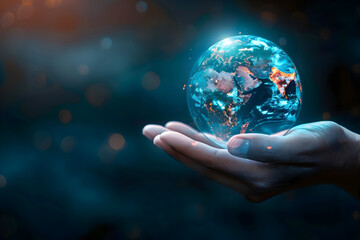 Hand holding a glowing holographic earth symbolizing global connectivity and technology