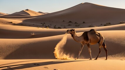 Desert Wanderer: A solitary camel gracefully traverses the vast, undulating expanse of the desert, where golden sands shift and sparkle under the sun. 