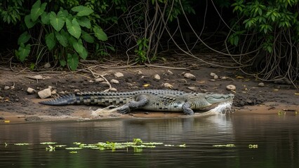 The Allure of the Predator: A crocodile, a formidable apex predator, lies in wait on the riverbank, the epitome of raw power and ancient survival.