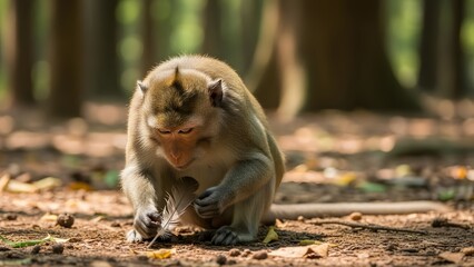 Monkey in the forest: A serene monkey sits in a forest, engaged in a moment of quiet contemplation, showcasing the animal's natural curiosity and the beauty of its environment.