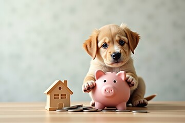 Concept of Family Finance Planning: Businessman Holding Coin Piggybank, Key House, and Family Icon on Table, Emphasizing Donation, SaviFundraising, Superannuation, Investment, and Financial Crisis
