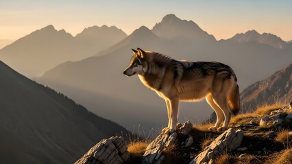 Wolf on the Mountaintop: A solitary wolf stands majestically atop a rocky peak, silhouetted against a breathtaking backdrop of towering mountains and a warm, inviting sky.