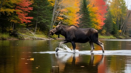 Moose Crossing River in Autumn: A majestic moose strides confidently through a serene river, framed by the vibrant hues of autumn foliage.