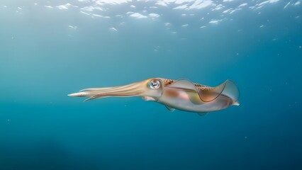 Cuttlefish in Ocean's Depths: This image unveils a captivating cuttlefish, gracefully navigating the vastness of the ocean.