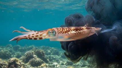 Underwater Dance: The vibrant squid gracefully navigates the depths of the ocean. Its spotted body, animated by the sea's current, leaves a mysterious ink trail.