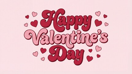 Happy valentines day retro typography, groovy 70s vintage text with hearts, pink funky lettering, cute romantic greeting card, bold bubble font, vector illustration for february celebration.
