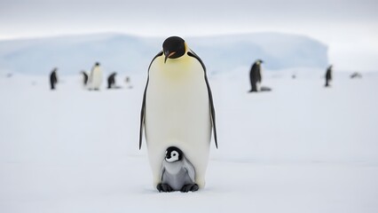 Emperor Penguin Family in Antarctic: A heartwarming moment unfolds in the Antarctic as an Emperor penguin shelters its chick, showcasing parental care and the harsh beauty of their icy realm.