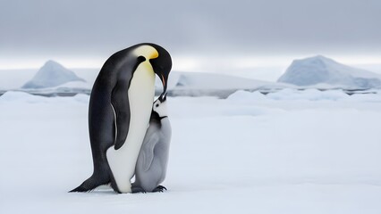 Emperor penguin and chick: An emperor penguin stands protectively over its chick, a heartwarming display of parental care against a backdrop of the frozen Antarctic landscape. 
