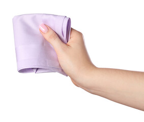 Woman holding lilac handkerchief on white background, closeup