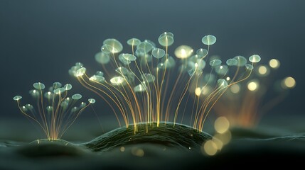 Glowing mushroom like organisms emitting light in dark environment with bokeh effect with bioluminescent and fantasy and surreal and abstract