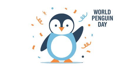 Joyful Cartoon Penguin Waving with Confetti for World Penguin Day Celebration on Isolated White Background