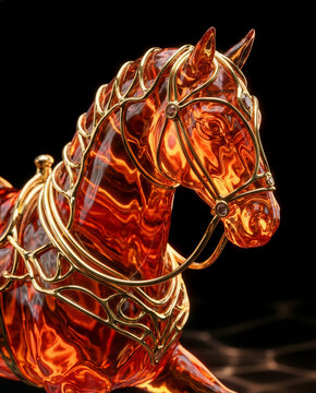 Molten Glass Horse Sculpture with Gold Armor Glowing in Dark