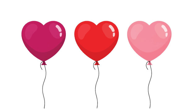Three heart shaped balloons in pink, red, and purple