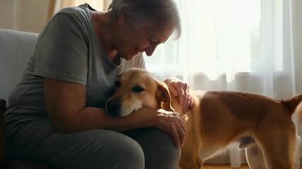 An elderly woman, radiating warmth, shares an intimate moment with her loving canine companion. Bathed in soft, natural light, their connection speaks volumes, capturing a bond that transcends words.