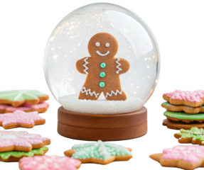 A charming, spherical glass snow globe containing a delightful gingerbread man figure standing amidst swirling white flakes, rests upon a polished dark wood, isolated on transparent background.