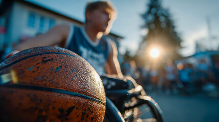 Excitement builds as young players gather for a lively street basketball game at sunset