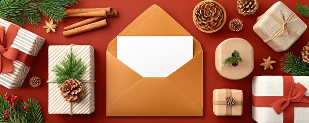 Envelope with white card surrounded by Christmas gifts and festive decorations on a red background