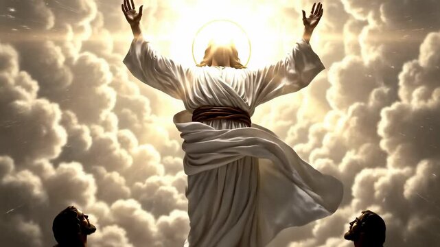 Divine Jesus Christ ascending gloriously into brilliant heavens, radiating holy light through soft ethereal clouds, faithful apostles marveling at his spiritual journey.