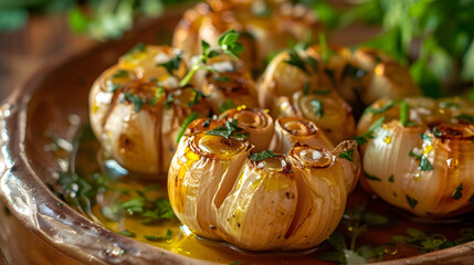 Close up of roasted garlic bulbs with herbs on a plate for culinary delight
