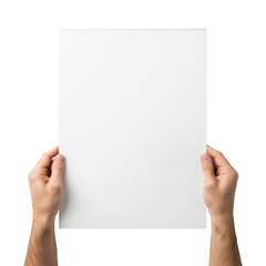 Highly detailed caucasian male hands presenting a blank white a3 matte poster board in a shadowless, bright white studio, overhead flat lay view. Concept for commercial presentation and copy space