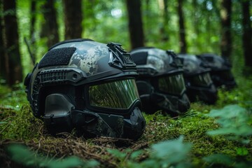 Tactical helmets lined up in a dense forest during a military training exercise
