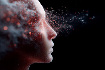 A face with a red nose and mouth is surrounded by a cloud of smoke