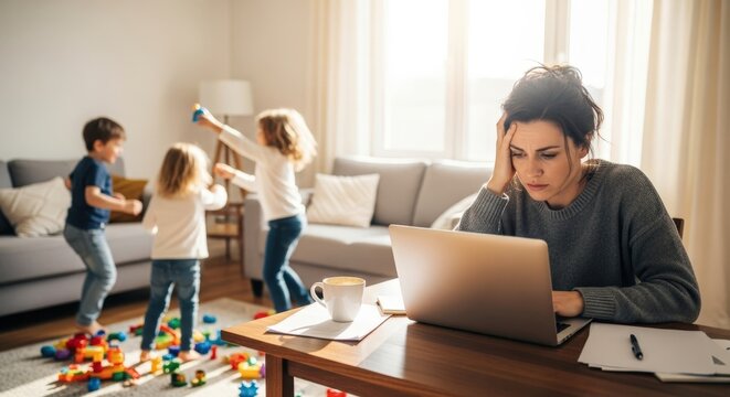 Mother working remotely on laptop at home, with children playing in the background, showcasing the challenges of balancing work and family life in a cozy environment