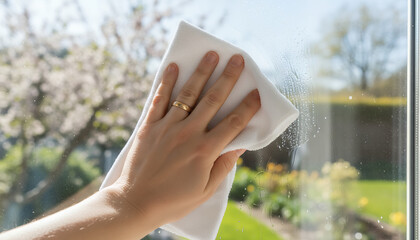 Hand cleaning window with a cloth on a sunny day with blooming garden