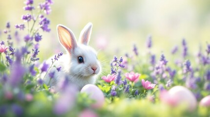 Fototapeta premium Cute white rabbit sitting in a purple flower meadow during spring. Happy Easter background with eggs and bunny. Nature scene with copy space