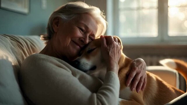 An elderly woman shares a tender moment of companionship with her dog, as the dog rests comfortably in her embrace, highlighting the unique bond of unconditional love and peaceful connection.