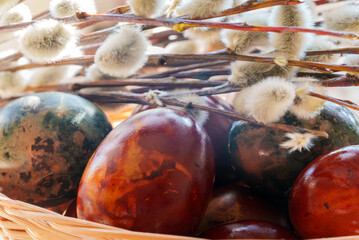 Macro Shot of Traditional Easter Eggs and Pussy Willow Branches