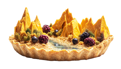 A creative food art dessert tart, decorated with edible golden pastry mountains, a river of liquid syrup, fresh blackberries and blueberries, on a transparent background.