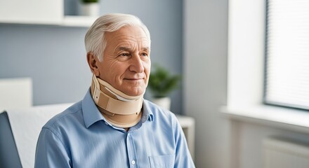 An elderly patient wearing a medical neck brace during recovery, illustrating the concept of injury support and healthcare rehabilitation