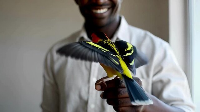A close-up captures a person tenderly holding a vibrant bird. The image emphasizes the connection between nature and the individual. 