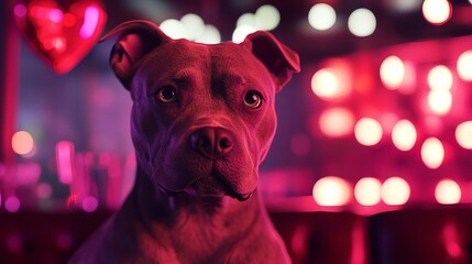 A pit bull dog sitting in a room with red lights and a heart shaped balloon