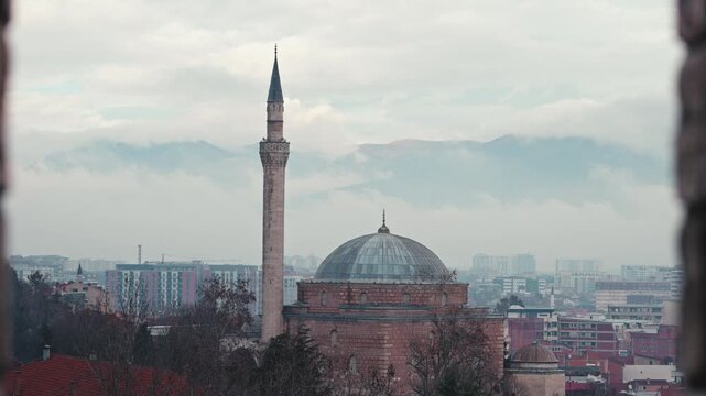 Mustafa Pasha Mosque building dome and minaret in Skopje, North Macedonia