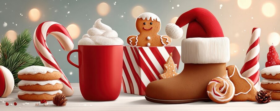 Cozy Christmas treats scene with gingerbread cookies, hot chocolate, stocking and festive pastries - Powered by Adobe