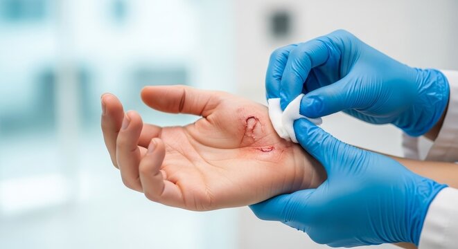 Doctor treating an injured hand with painful glass cuts, providing immediate medical care and applying antiseptic in a healthcare and wound healing medicine concept - Powered by Adobe