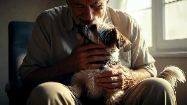 A senior man tenderly embraces his small dog in a serene home setting, with the soft light of a sunny day creating a warm and comforting atmosphere. 