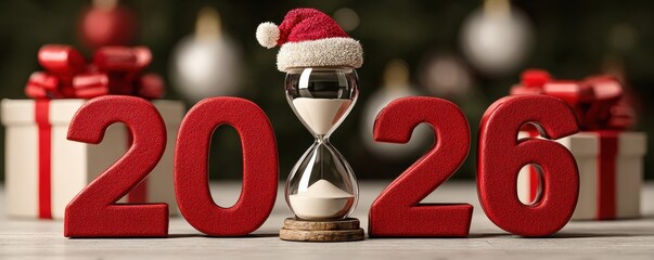 Countdown to 2026: hourglass with Santa hat between red numbers and festive gifts