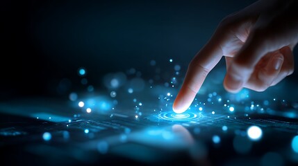 A hand's index finger poised to touch a glowing, futuristic digital button