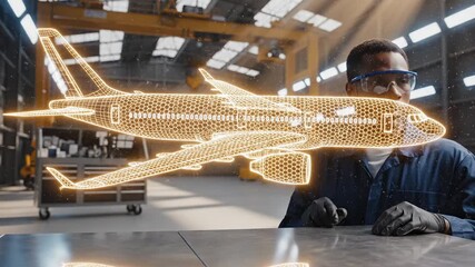 Engineer examines holographic airplane in aircraft hangar. Aviation technician views digital airplane hologram. Engineer analyzes plane projection. Holographic aircraft inspection in hangar. - Powered by Adobe