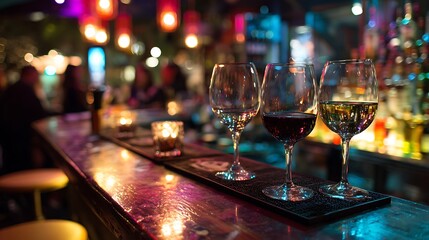 Close-up of wine glasses at a bar, soft focus on patrons, illuminated by ambient lighting