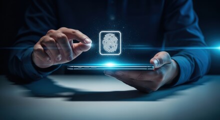 Hand touching smartphone screen showing a digital fingerprint verification system on a dark blue background