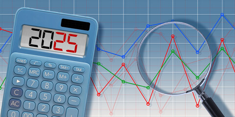 NEW YEAR 2025 - CALCULATOR AND FINANCIAL CHART WITH MAGNIFYING GLASS - BUSINESS ANALYSIS SHOWING FINANCE DATA, STATISTICS, INVESTMENT TRENDS, ACCOUNTING, BUDGET PLANNING, CORPORATE PERFORMANCE