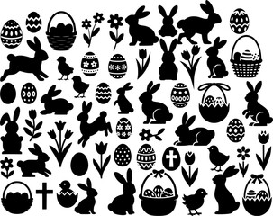 Large vector set of Easter silhouettes with rabbits, decorated eggs, chicks, baskets and spring flowers. Black holiday icons ideal for prints, crafts, decor and cut files.