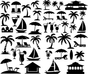 Black and white vector illustration set of beach and tropical vacation elements with palms, boats, umbrellas and seaside objects. Perfect for travel branding and prints.
