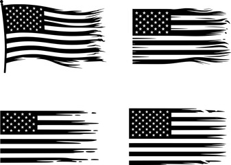 Vector set of grunge American flags with rough brush strokes and distressed texture. Black and white USA flag designs