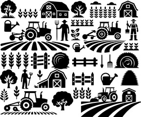 Vector set of farm and agriculture silhouettes including tractors, barns, farmers, crops and tools. Black rural farming icons perfect for design, prints and infographics.
